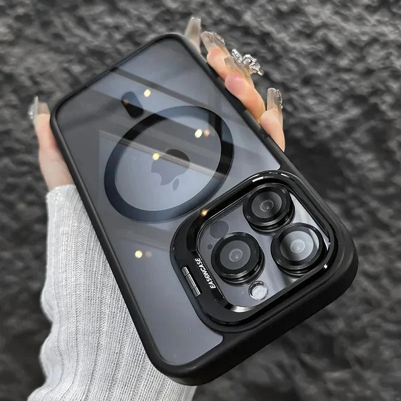 Magnetic Shockproof Transparent Phone Case with Stand | Glass Lens Protection for iPhone 11-16 Series