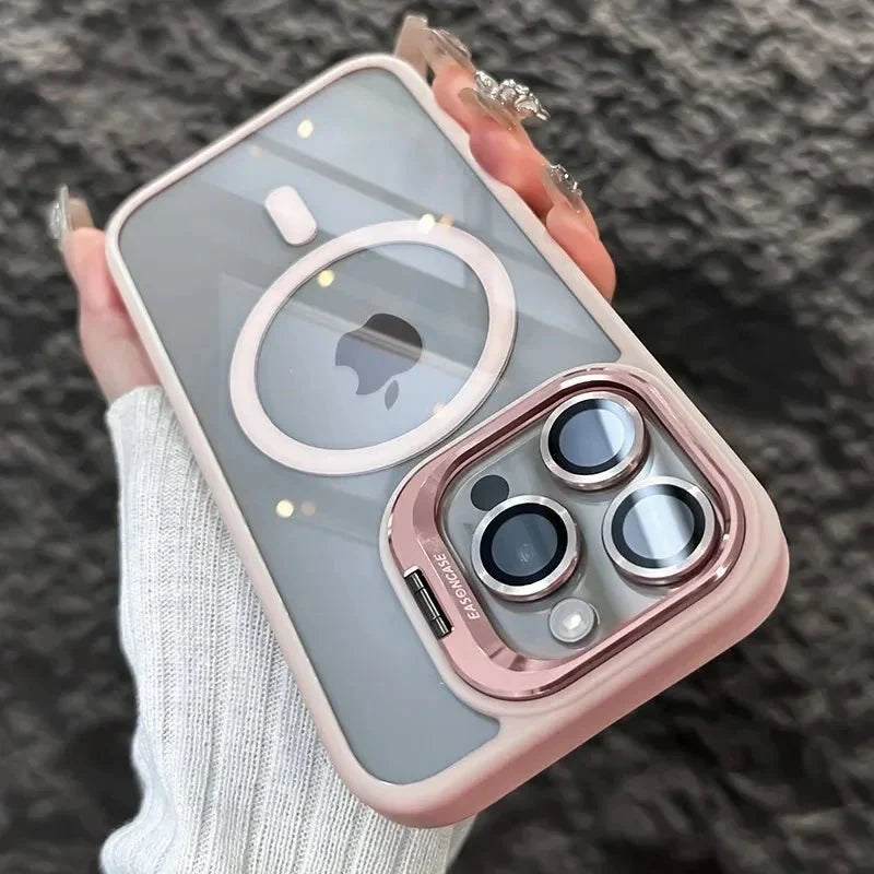 Magnetic Shockproof Transparent Phone Case with Stand | Glass Lens Protection for iPhone 11-16 Series