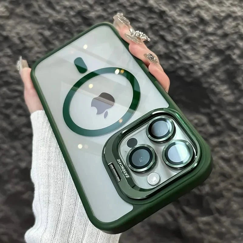 Magnetic Shockproof Transparent Phone Case with Stand | Glass Lens Protection for iPhone 11-16 Series