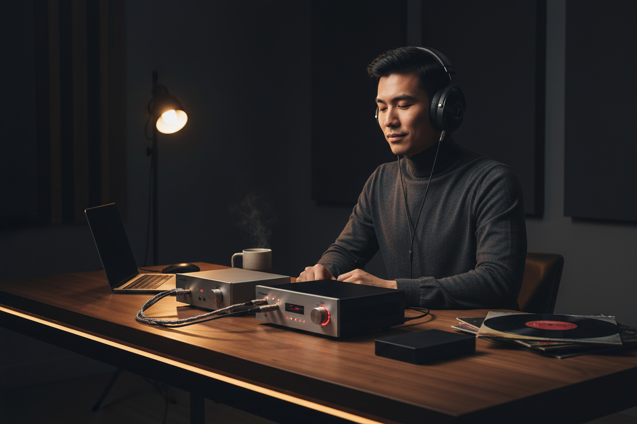 Male model at audiophile desk