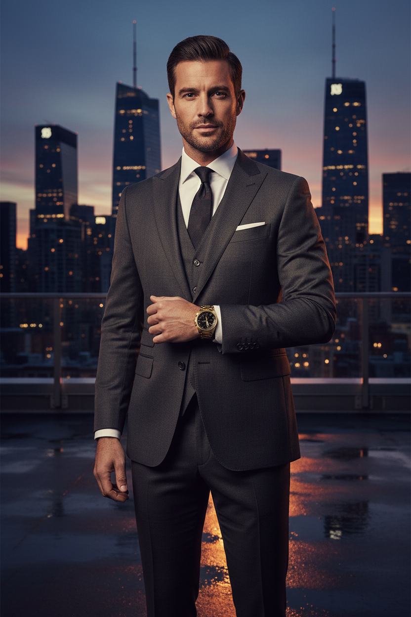 Man in tailored suit, city at dusk