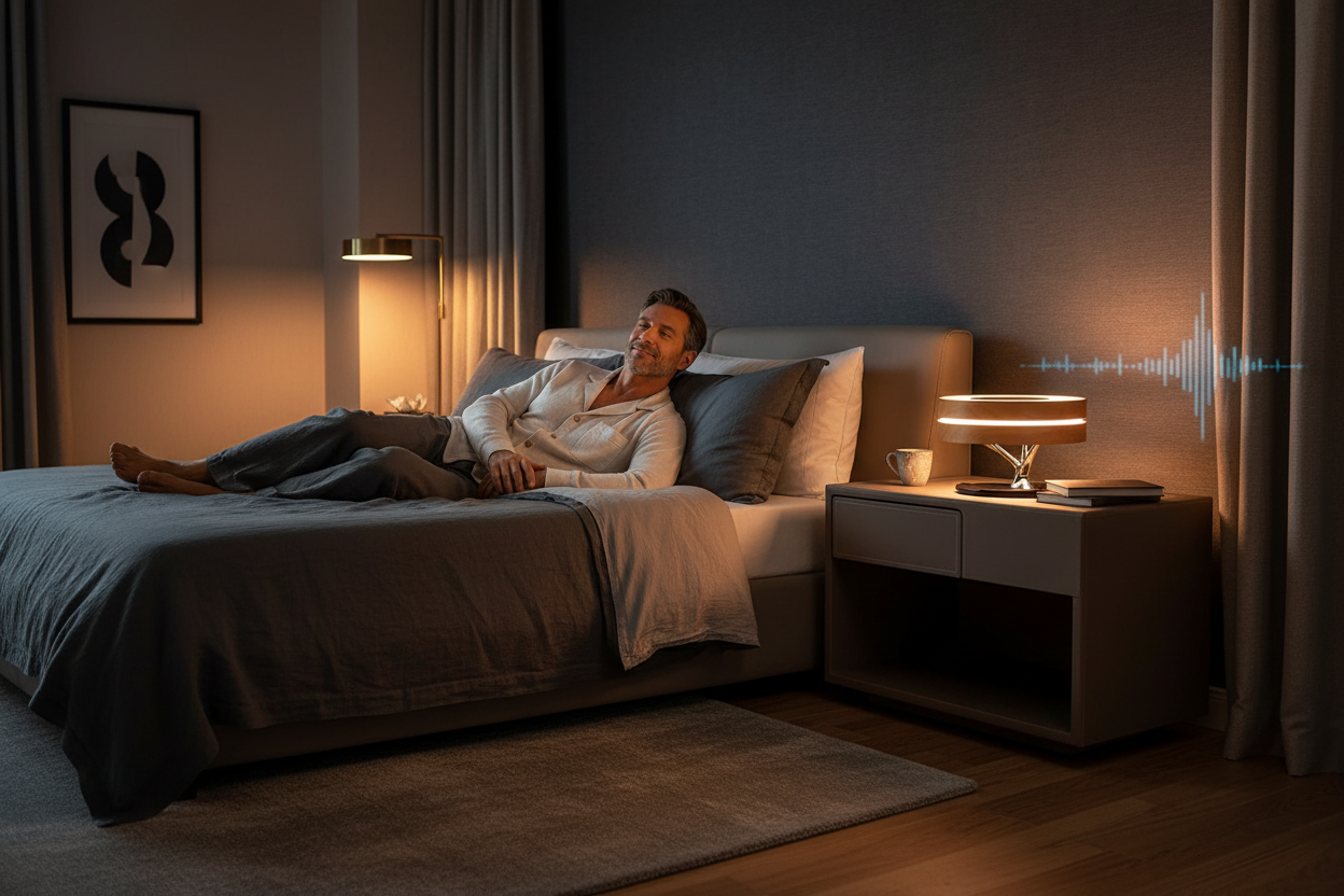 Man relaxing in luxury bedroom