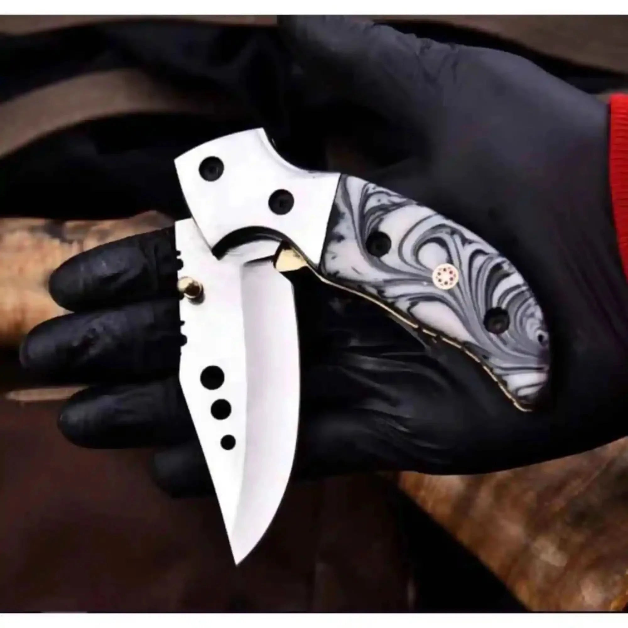 Marble Resin Folding Pocket Knife — Drop Point Blade, Brass Pivot, and Genuine Leather Sheath - Overture Gifts