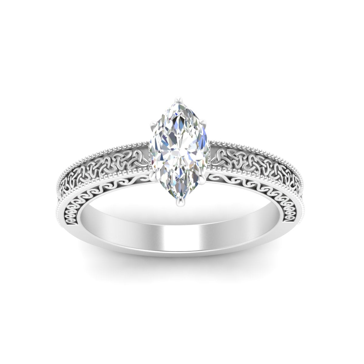 Marquise Cut Celtic Engraved Solitaire Engagement Ring