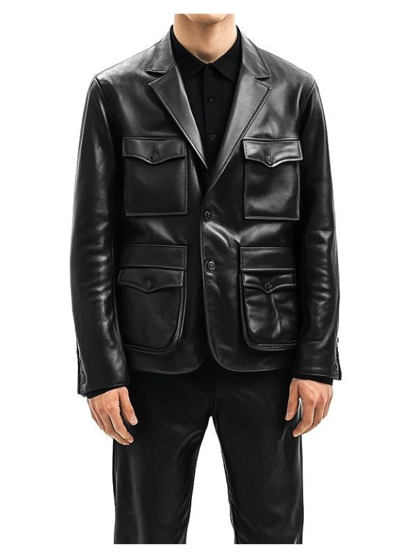 Men’s Premium Black Leather Blazer with Flap Pockets