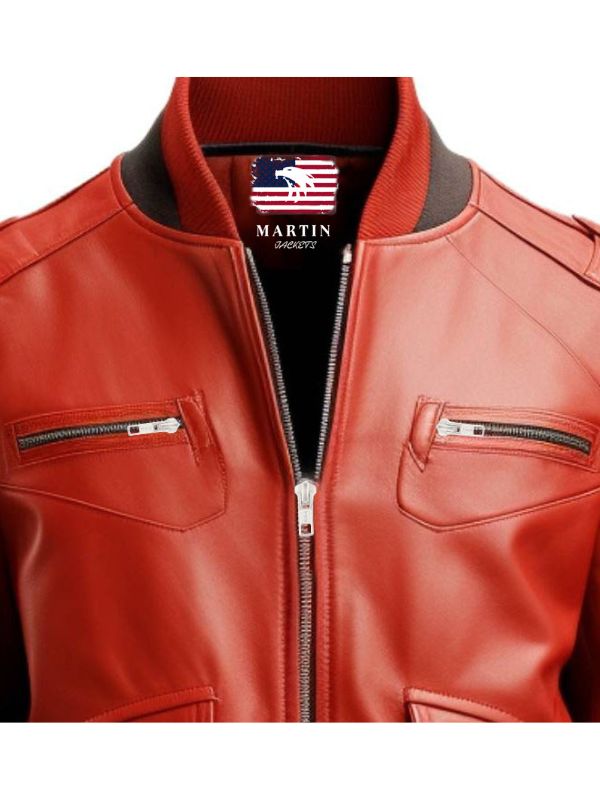 Men Red Leather Bomber Jacket