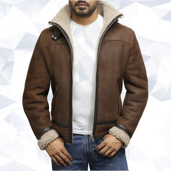 Men’s Brown Genuine Shearling Sheepskin Leather Jacket Vintage