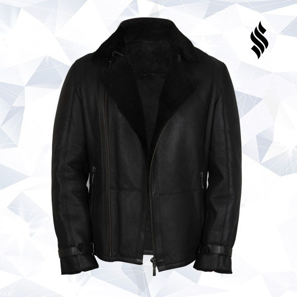 Mens Luxury Aviator Black Leather Shearling Sheepskin Flying Coat