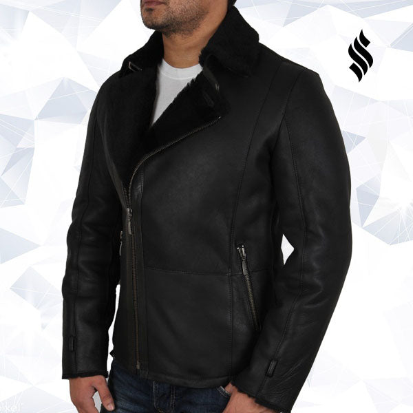 Mens Luxury Aviator Black Leather Shearling Sheepskin Flying Coat
