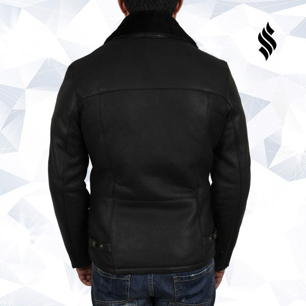 Mens Luxury Aviator Black Leather Shearling Sheepskin Flying Coat