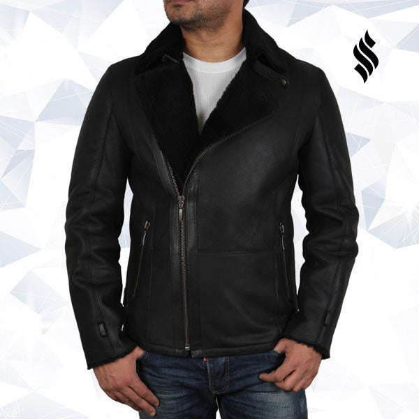 Mens Luxury Aviator Black Leather Shearling Sheepskin Flying Coat