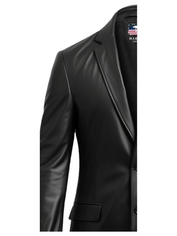 Men Two Button Stylish Leather Black Blazer