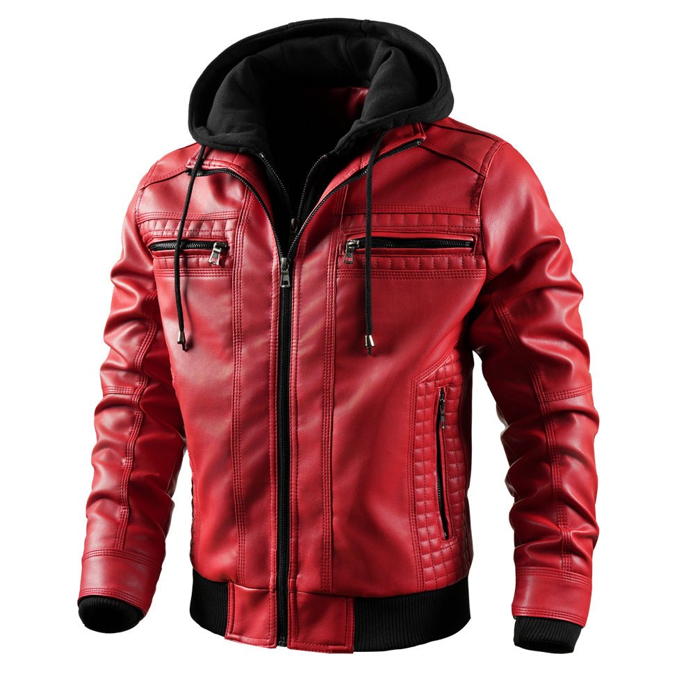 Men's Faux Leather Jacket Motorcycle Jacket Waterproof Windproof PU Moto Vintage Bomber Hoodie With Removable Hood - Overture Gifts