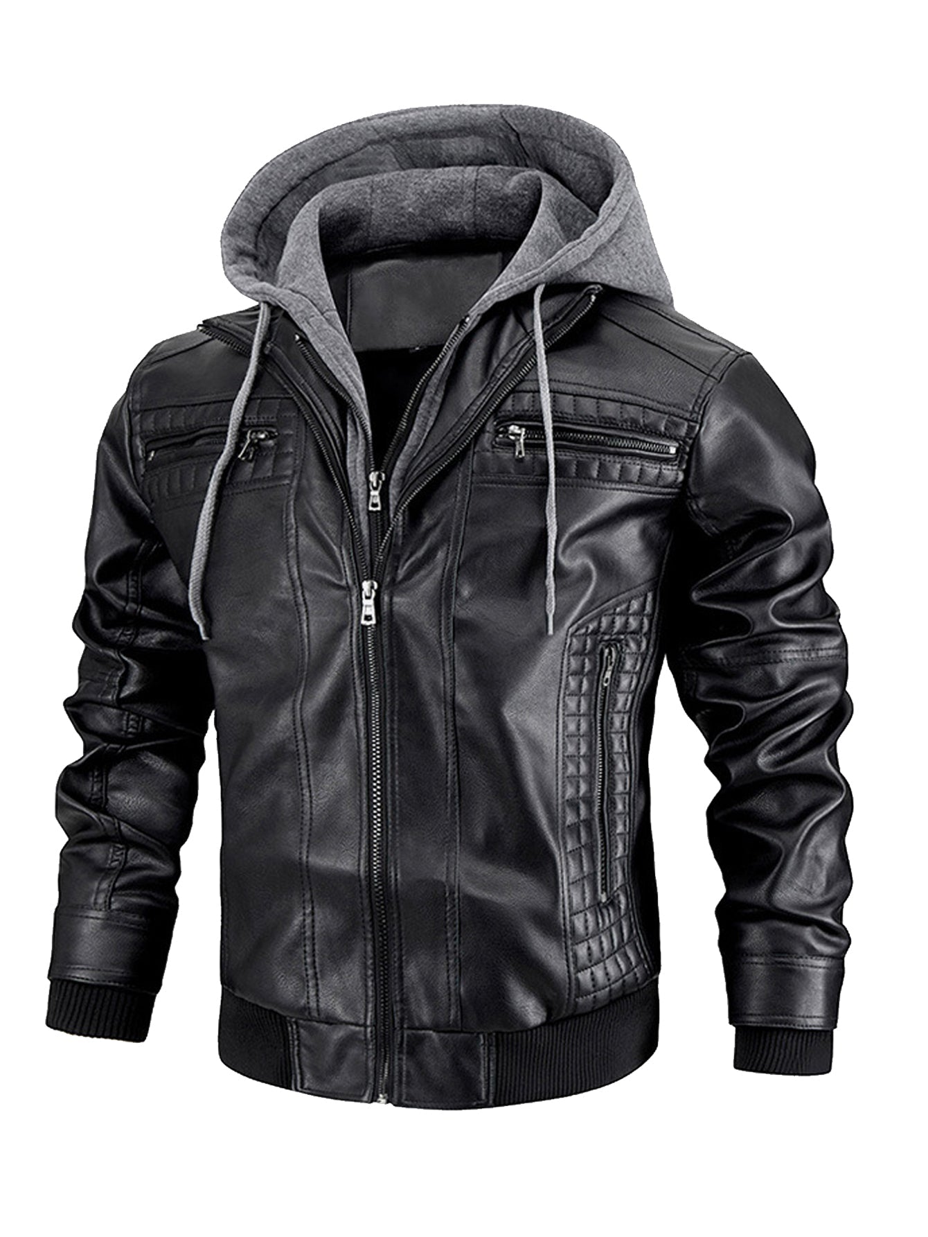 Men's Faux Leather Jacket Motorcycle Jacket Waterproof Windproof PU Moto Vintage Bomber Hoodie With Removable Hood - Overture Gifts