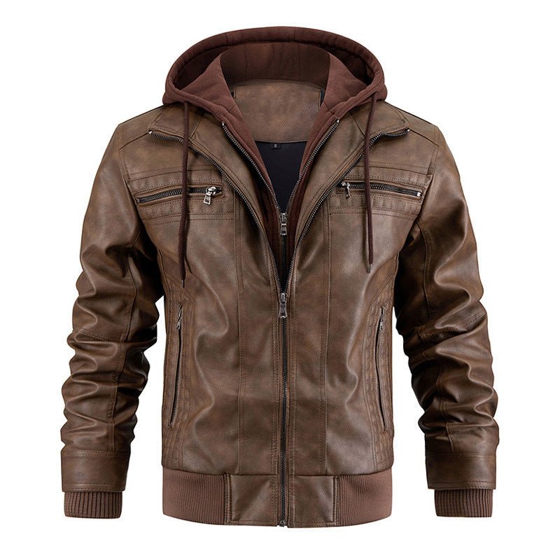 Men's Faux Leather Jacket Motorcycle Jacket Waterproof Windproof PU Moto Vintage Bomber Hoodie With Removable Hood - Overture Gifts