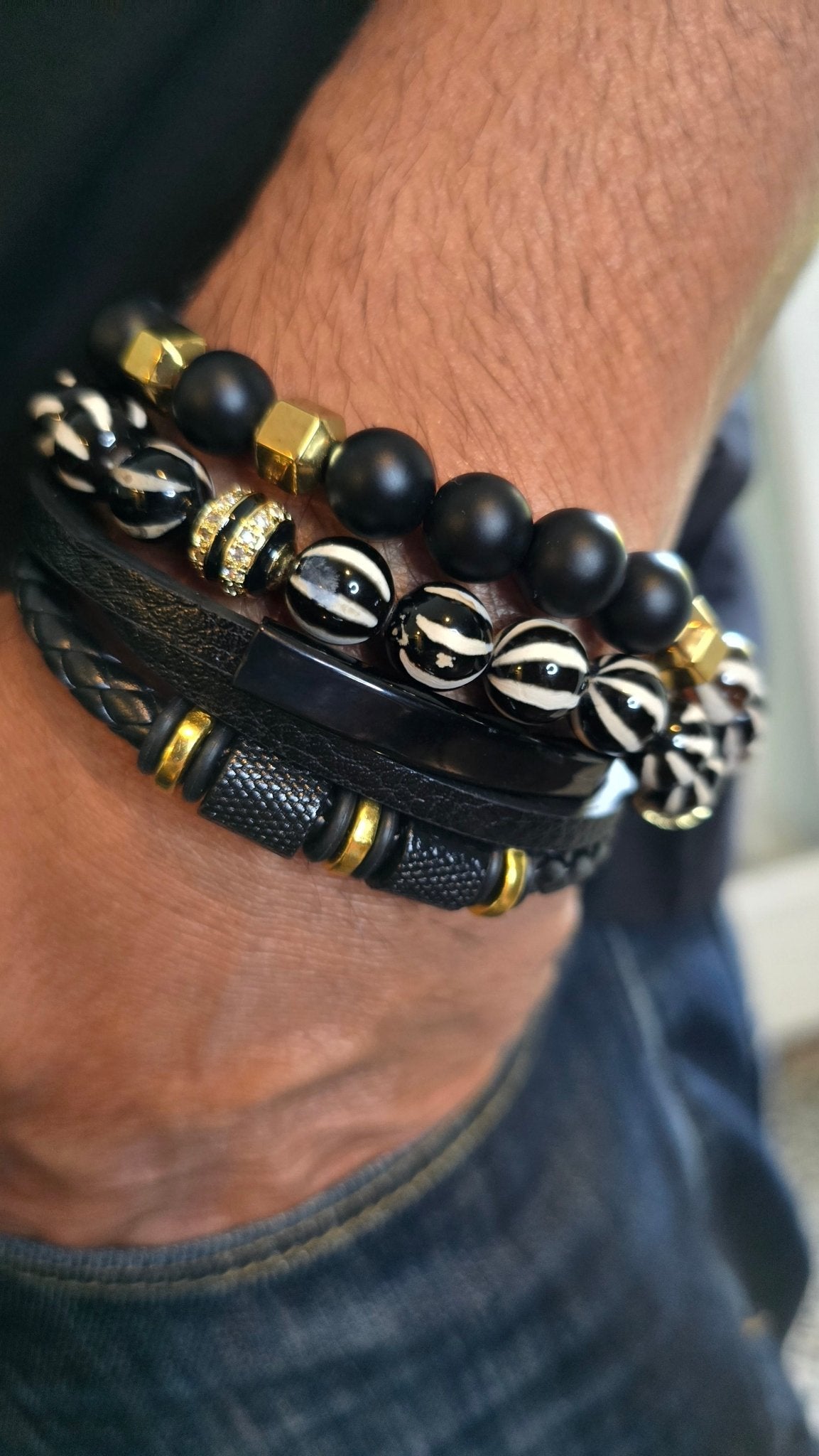 Men's Striped Agate and Onyx Bracelet Set - 8mm Beads 8.5"
