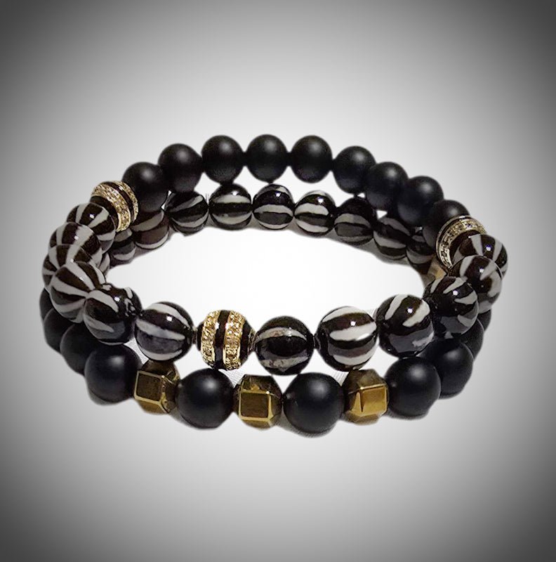 Men's Striped Agate and Onyx Bracelet Set - 8mm Beads 8.5"