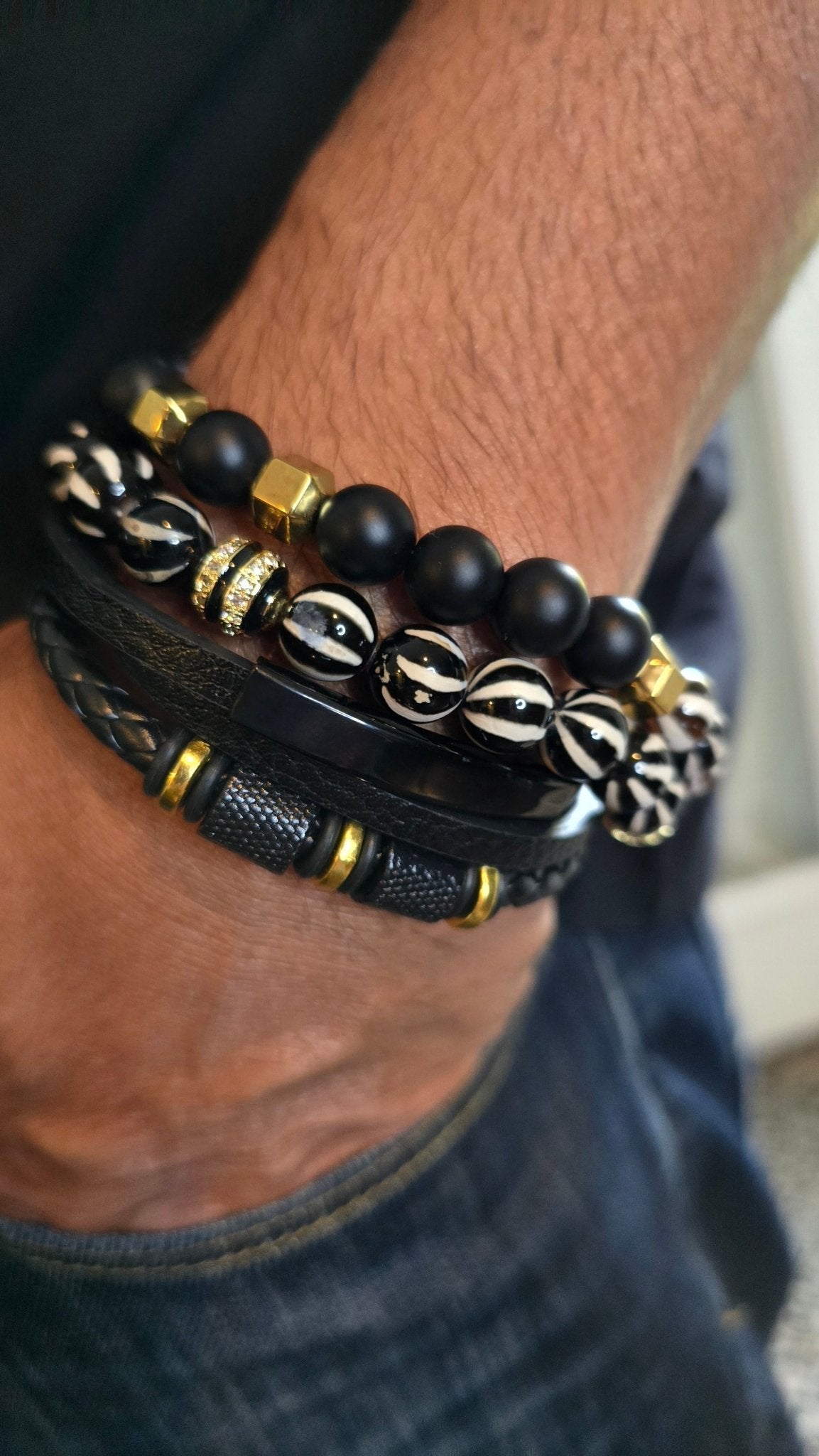 Men's Striped Agate and Onyx Bracelet Set - 8mm Beads 8.5"