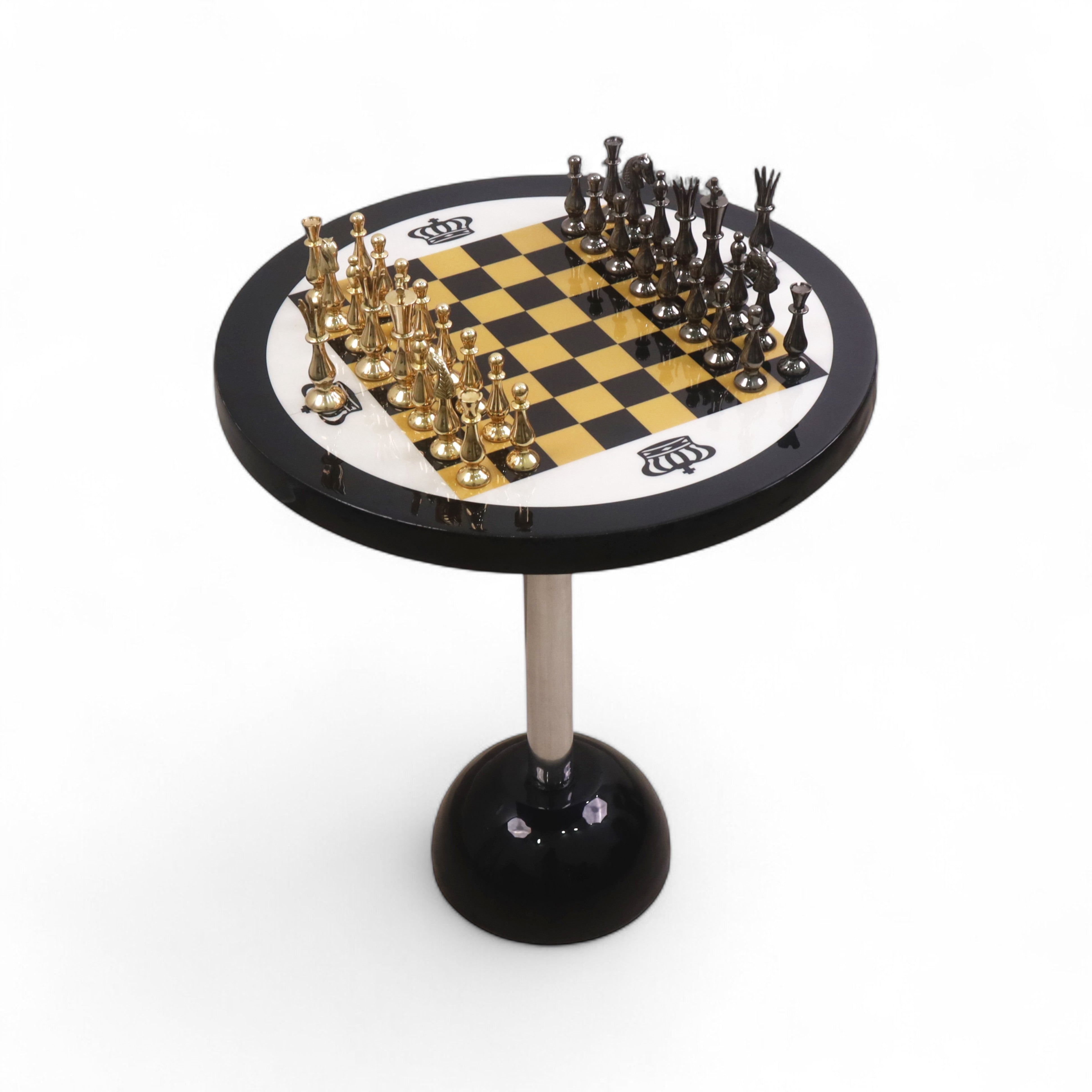 17" Minimalist Brass Metal Luxury Chess Pieces, Board and Table Set - 21" Height