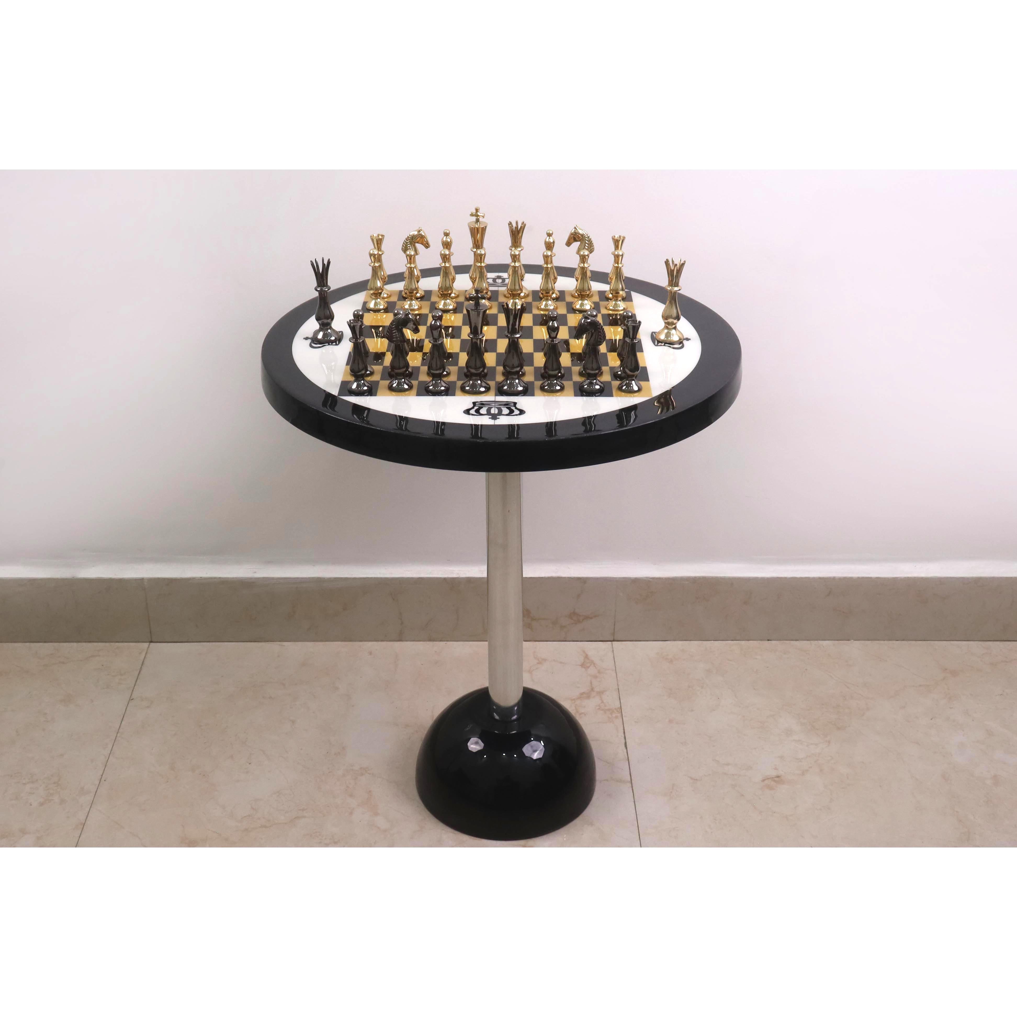 17" Minimalist Brass Metal Luxury Chess Pieces, Board and Table Set - 21" Height