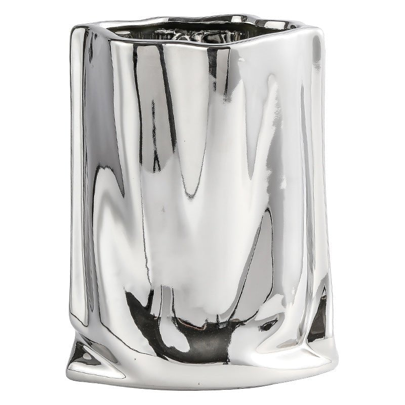 Minimally designed ceramic pleated electroplated vase for hydroponic cultivation of fresh flowers and dried flowers - Overture Gifts