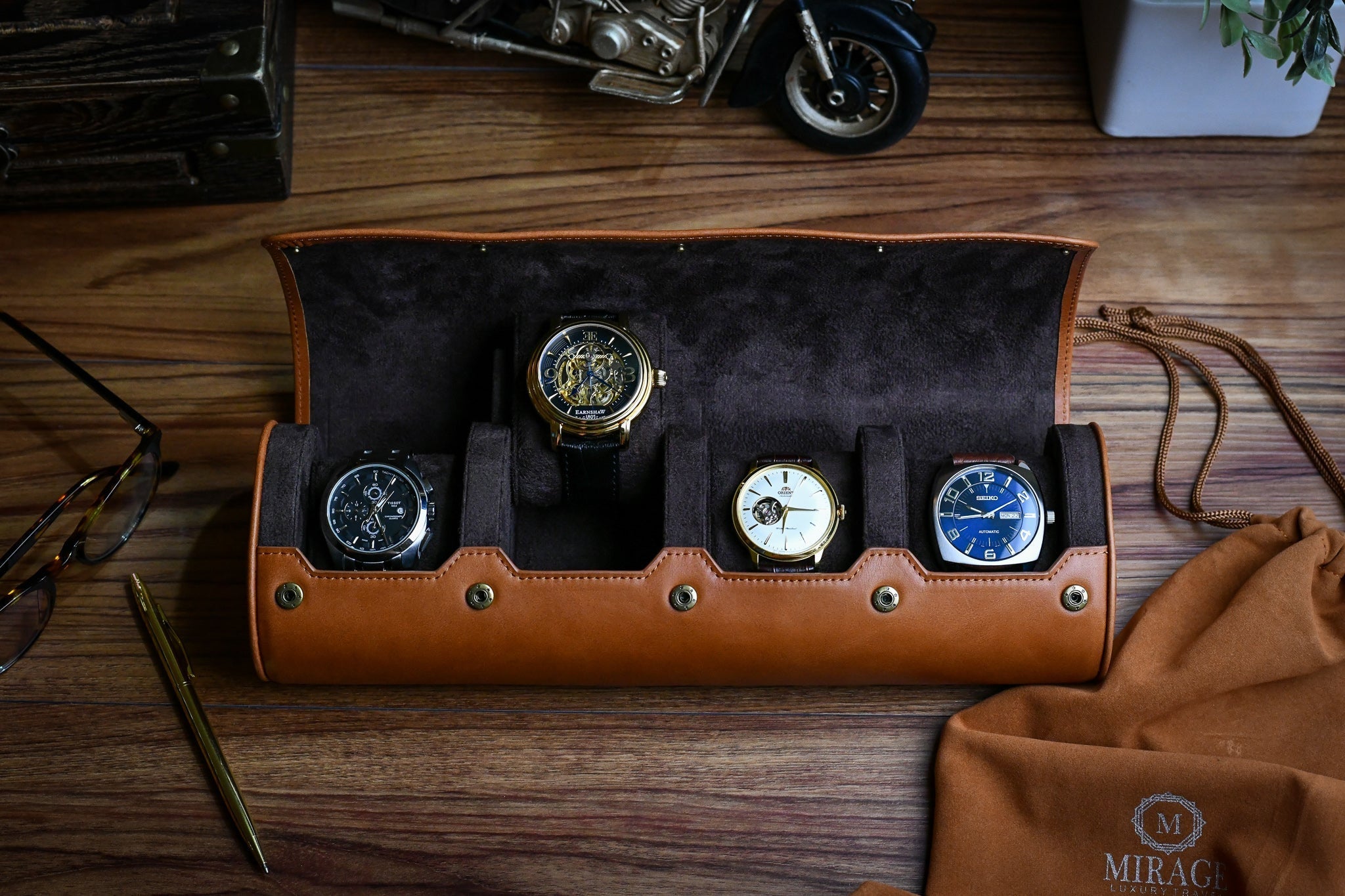 Tawny Brown Full-grain Cow Leather Watch Roll - 4 Watches