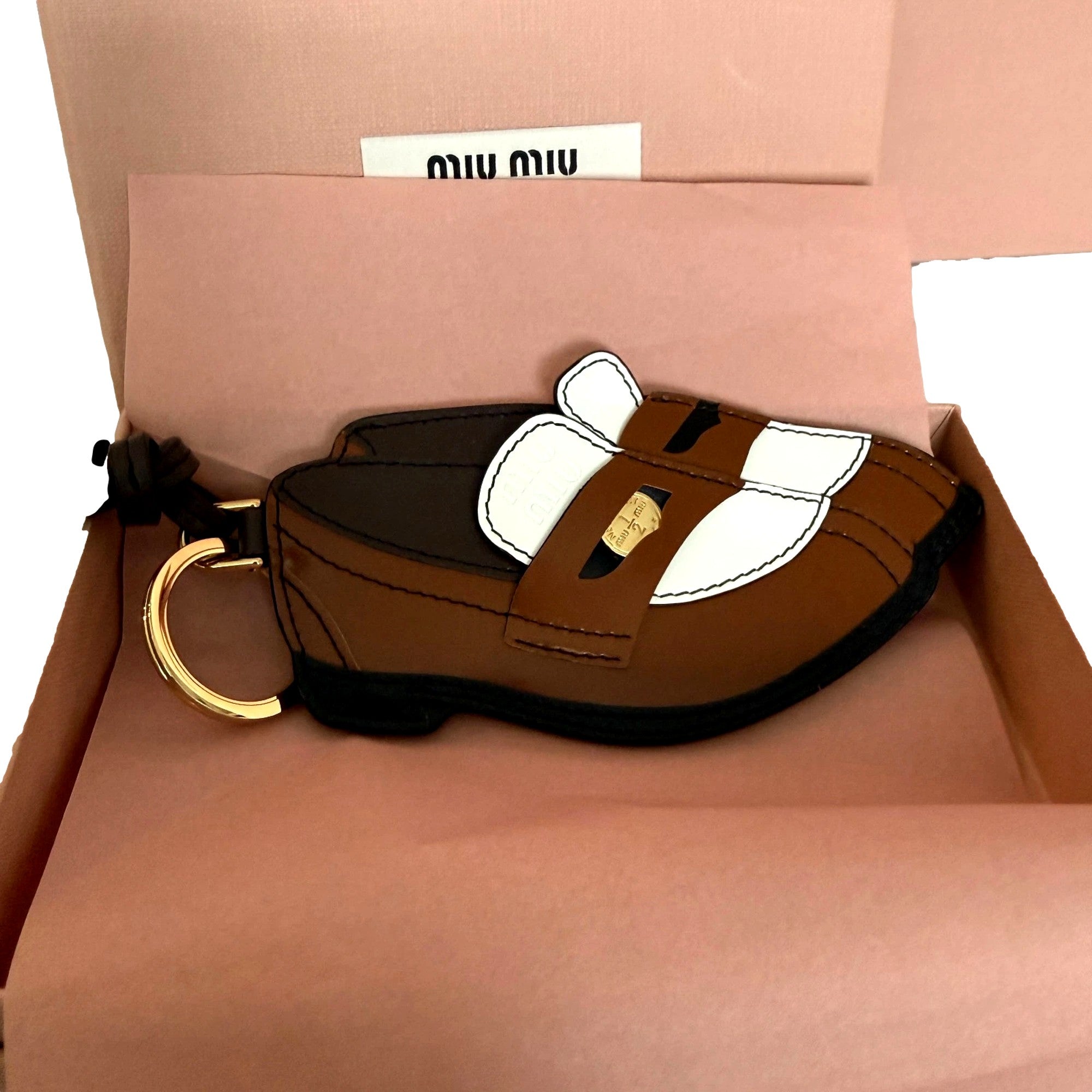 Miu Miu Penny Loafer Leather Bag Charm Brown and White