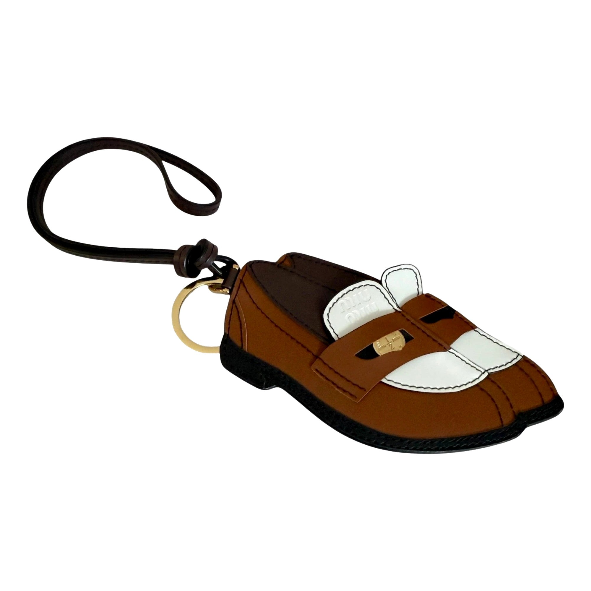 Miu Miu Penny Loafer Leather Bag Charm Brown and White