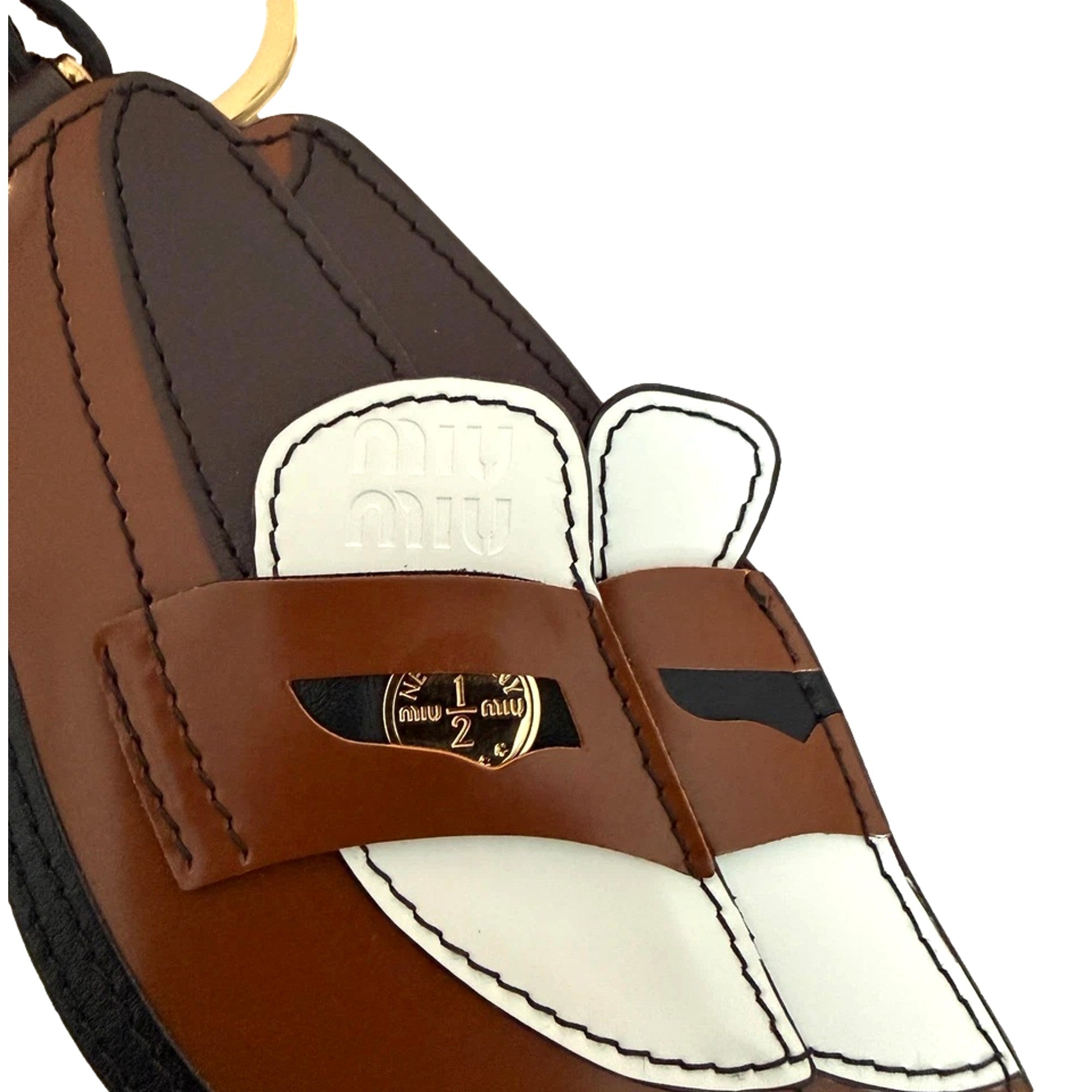 Miu Miu Penny Loafer Leather Bag Charm Brown and White