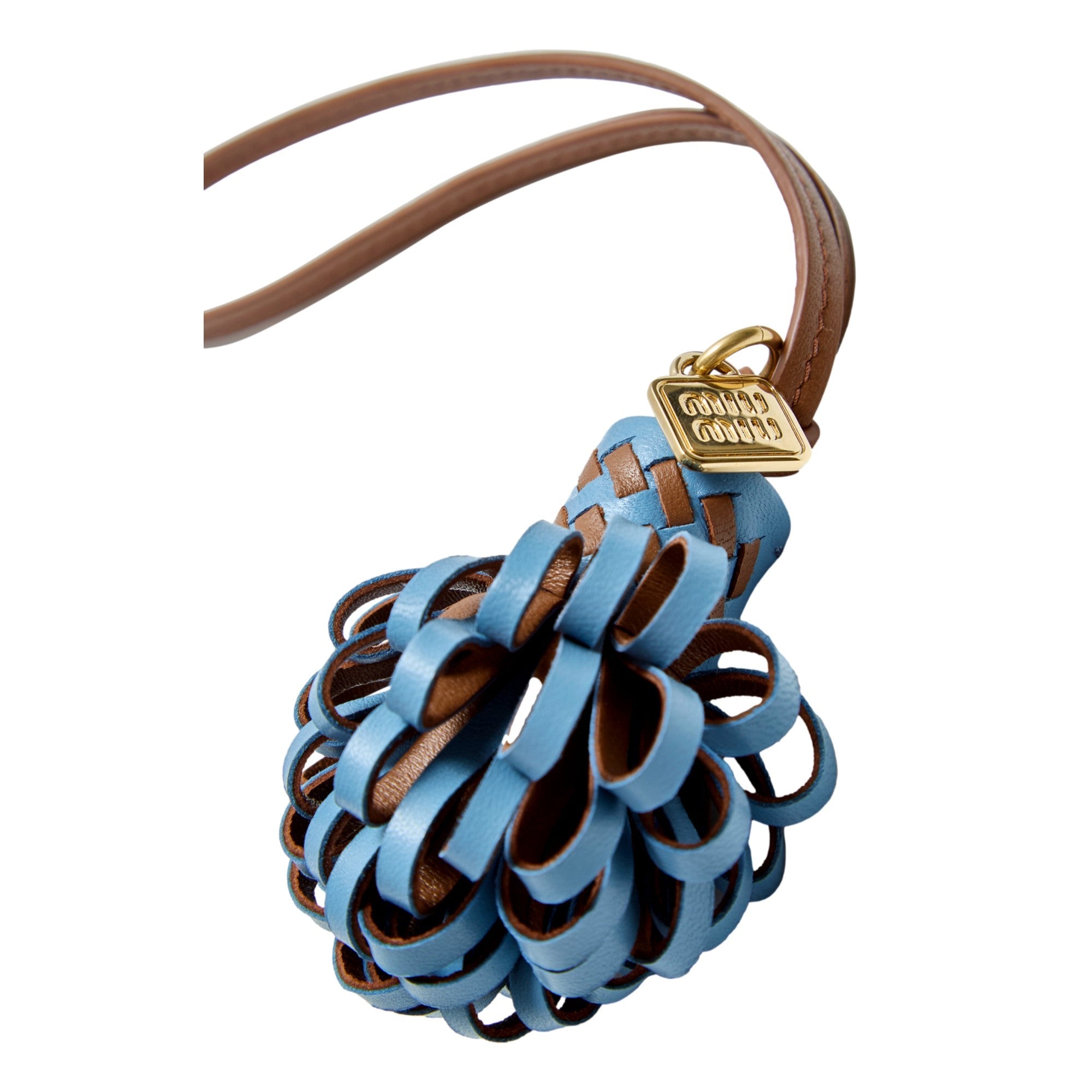 Miu Miu Trick Nappa Leather Pompom Bag Charm in Blue and Brown with Gold Hardware
