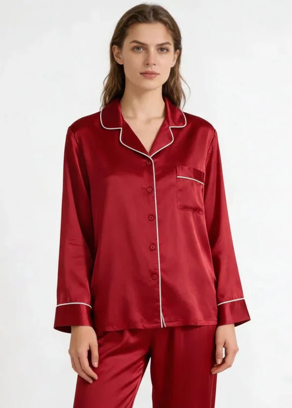 Mulberry Silk Pajama Set Plain Satin Long Pants - Overture Gifts
