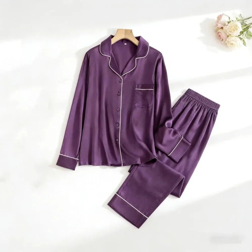 Mulberry Silk Pajama Set Plain Satin Long Pants - Overture Gifts