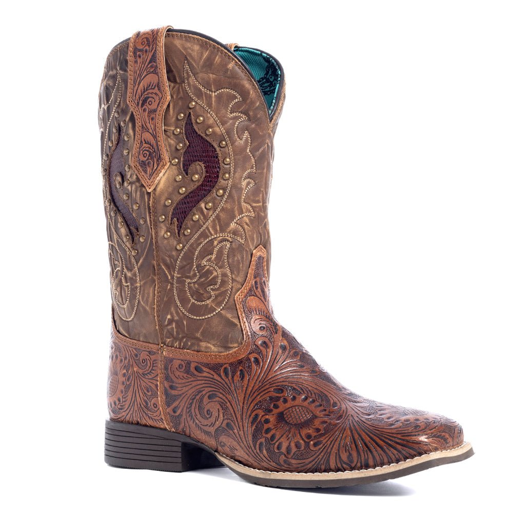 Myra Gianna Hand-Tooled Leather Boots for Women Studded Mid-Calf Western Brunch Heels with Embroidered Floral Designs - Overture Gifts