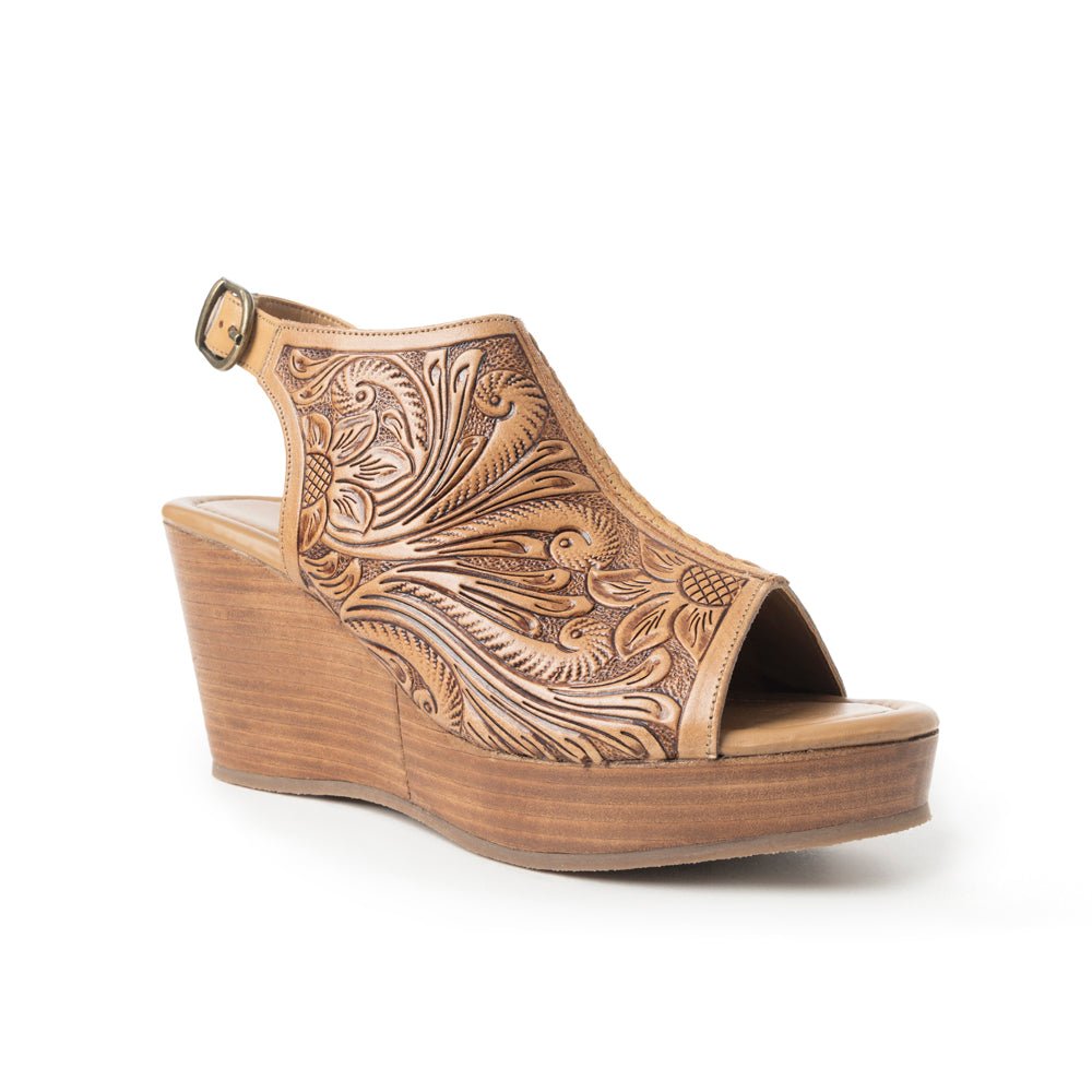 Myra Mila's Trail Embossed Leather Wedge Heels for Women Tan Floral Design, Adjustable Buckle, Comfortable Western Platform - Overture Gifts