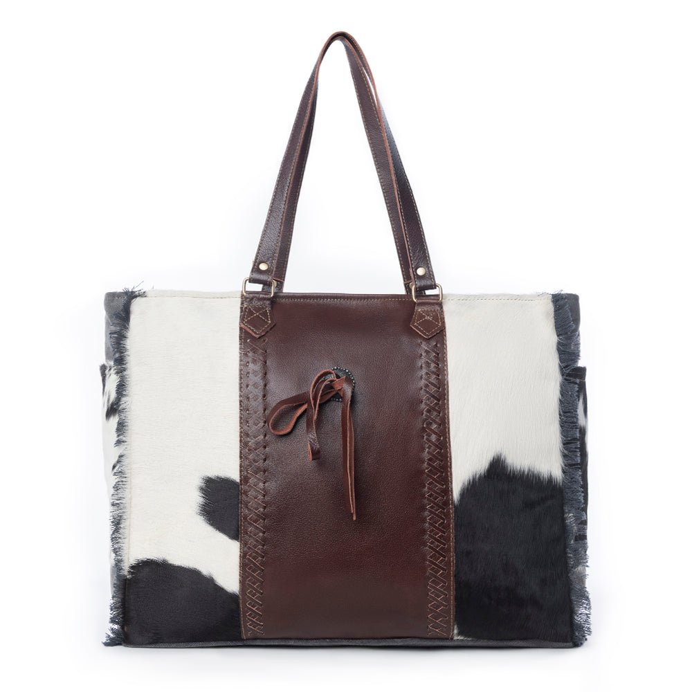 Myra Rosalinda Cross Stitched Hairon Leather Weekender Bag - Spacious Travel Tote with Stitch Trim and Durable Shoulder Straps - Overture Gifts