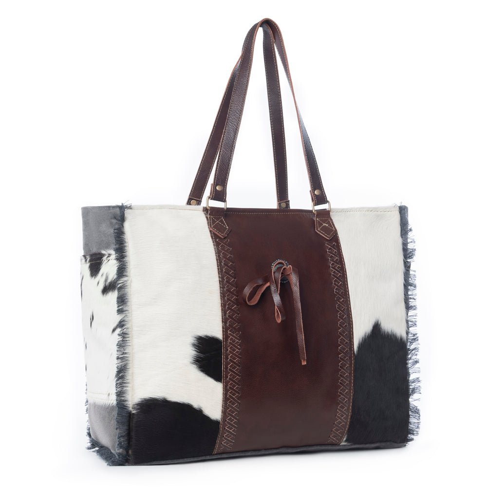Myra Rosalinda Cross Stitched Hairon Leather Weekender Bag - Spacious Travel Tote with Stitch Trim and Durable Shoulder Straps - Overture Gifts