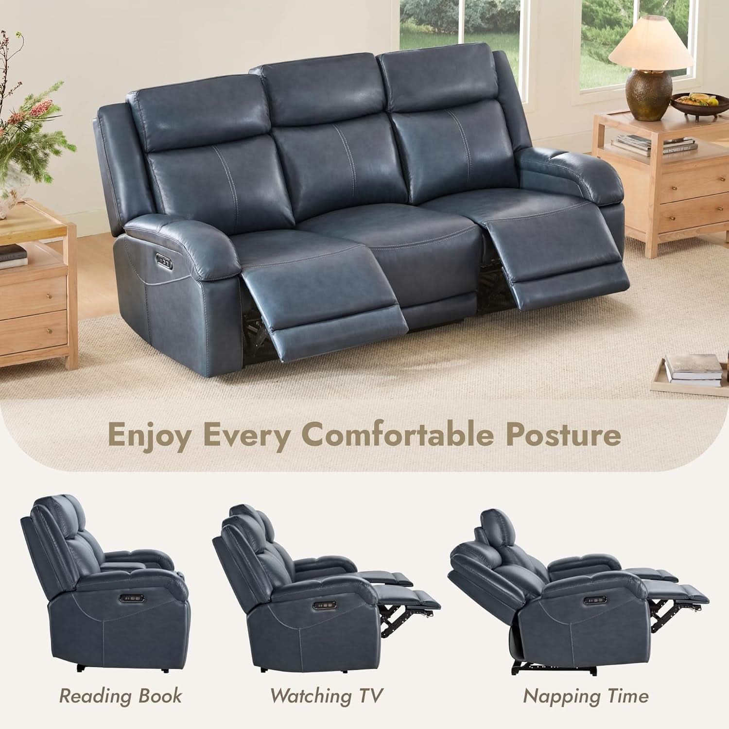 Navy Genuine Leather Power Recliner Sofa With USB Type C - Overture Gifts