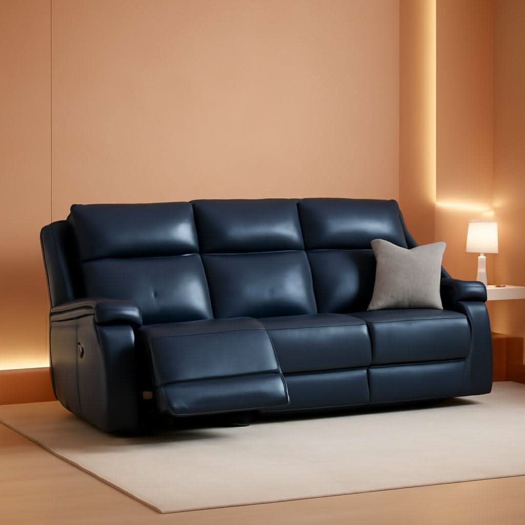 Navy Genuine Leather Power Recliner Sofa With USB Type C - Overture Gifts