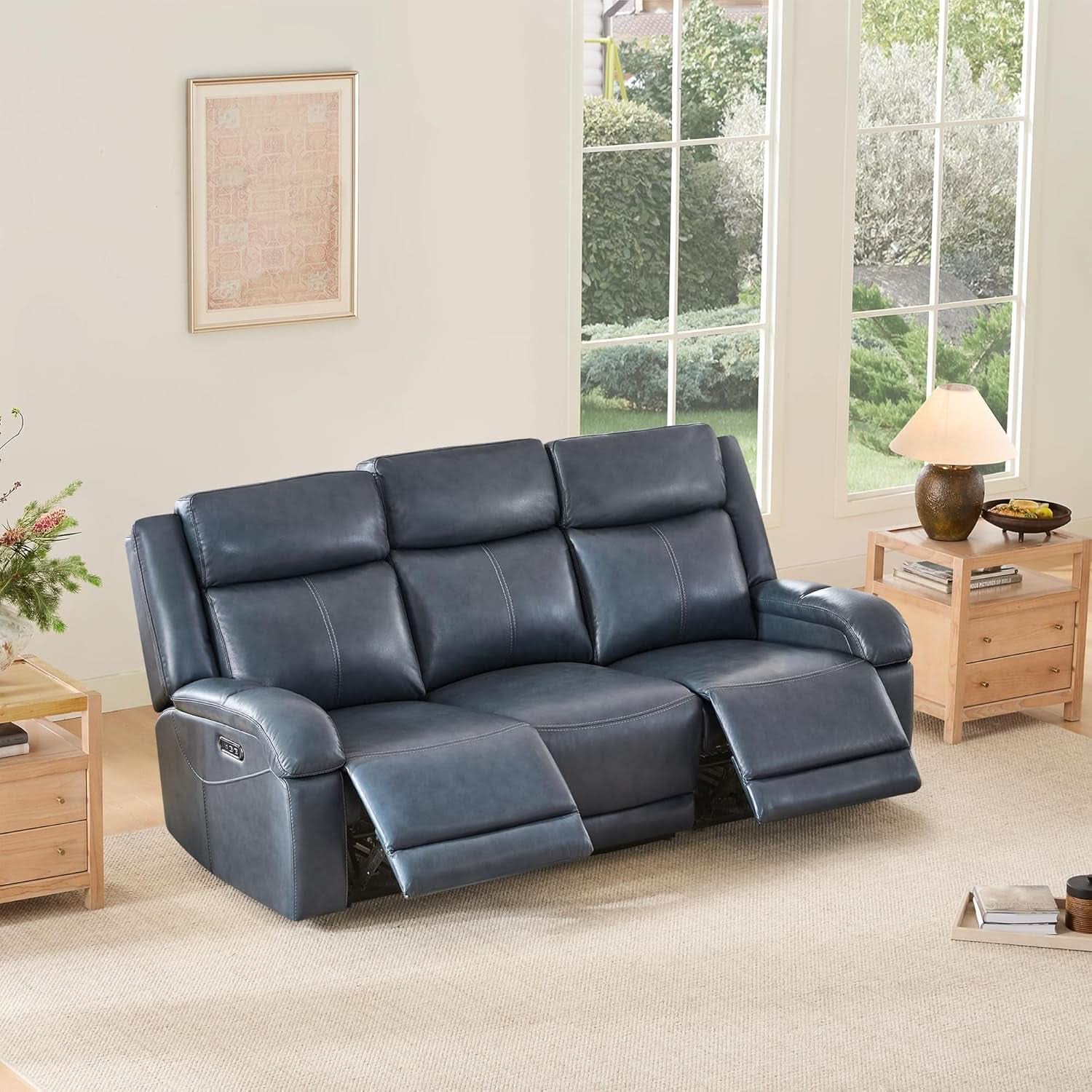 Navy Genuine Leather Power Recliner Sofa With USB Type C - Overture Gifts