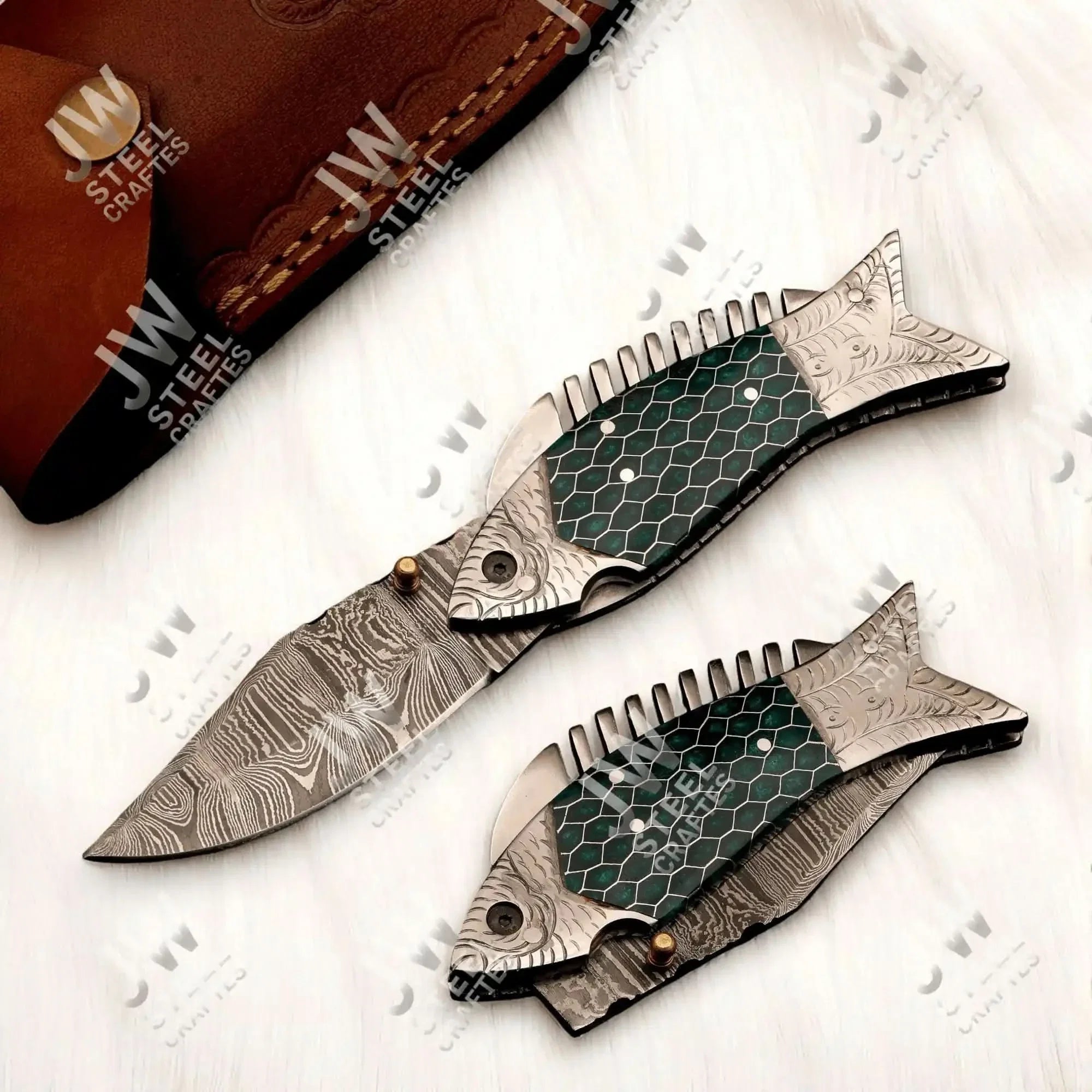 Damascus Honeycomb Folding Knife with Green Handle and Liner Lock