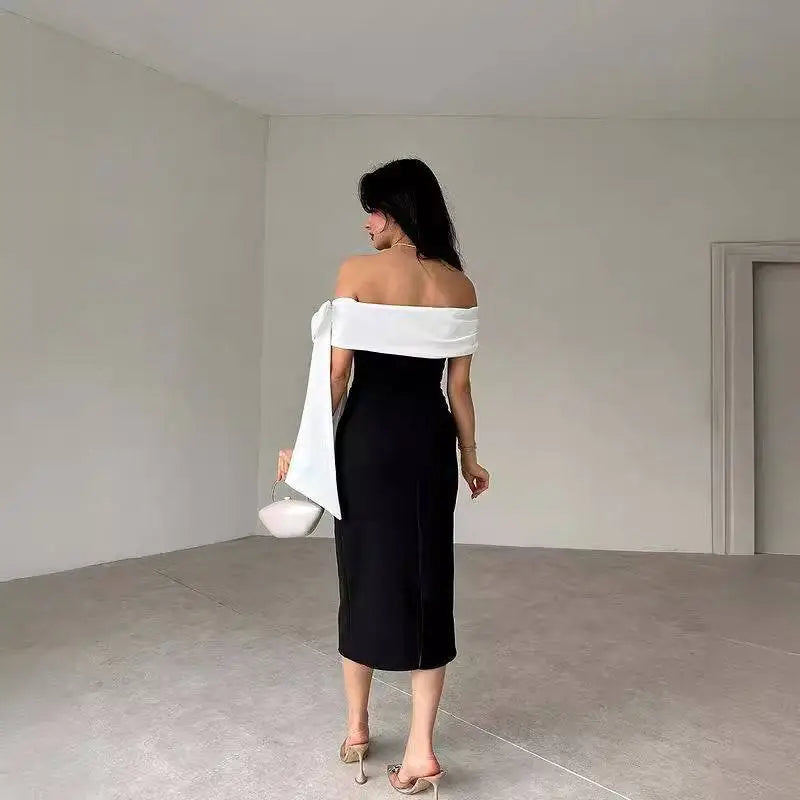 Off-shoulder Color Matching Elegant Cocktail Dress