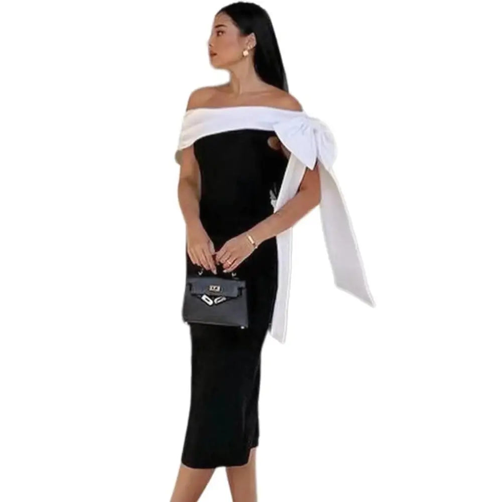 Off-shoulder Color Matching Elegant Cocktail Dress