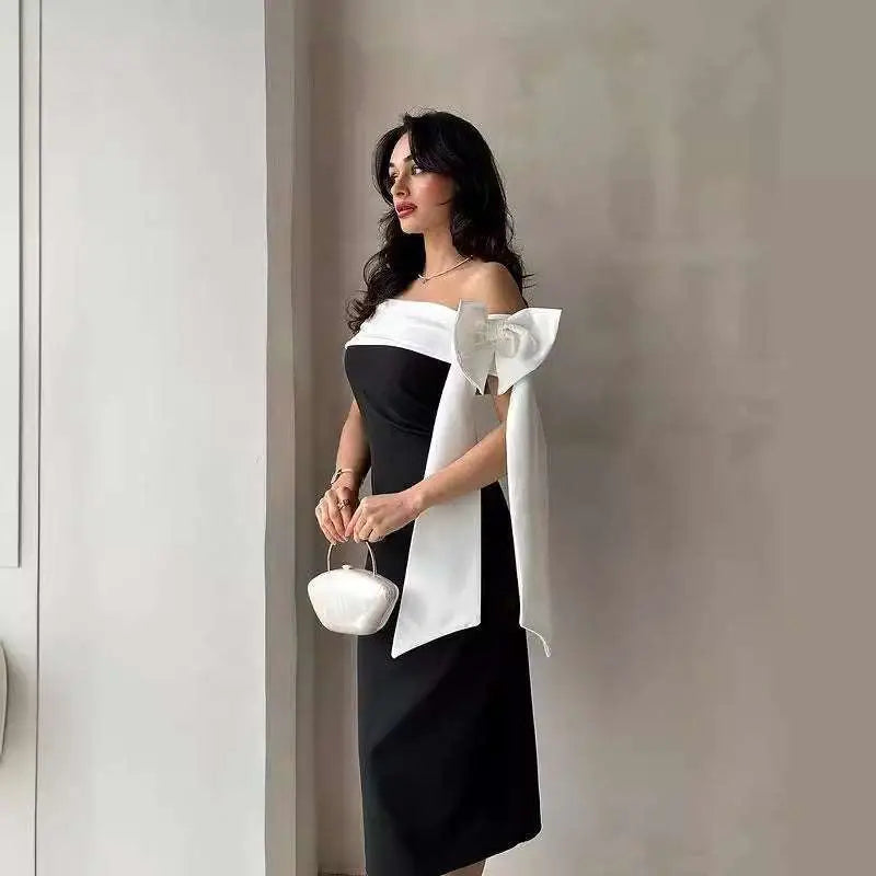 Off-shoulder Color Matching Elegant Cocktail Dress