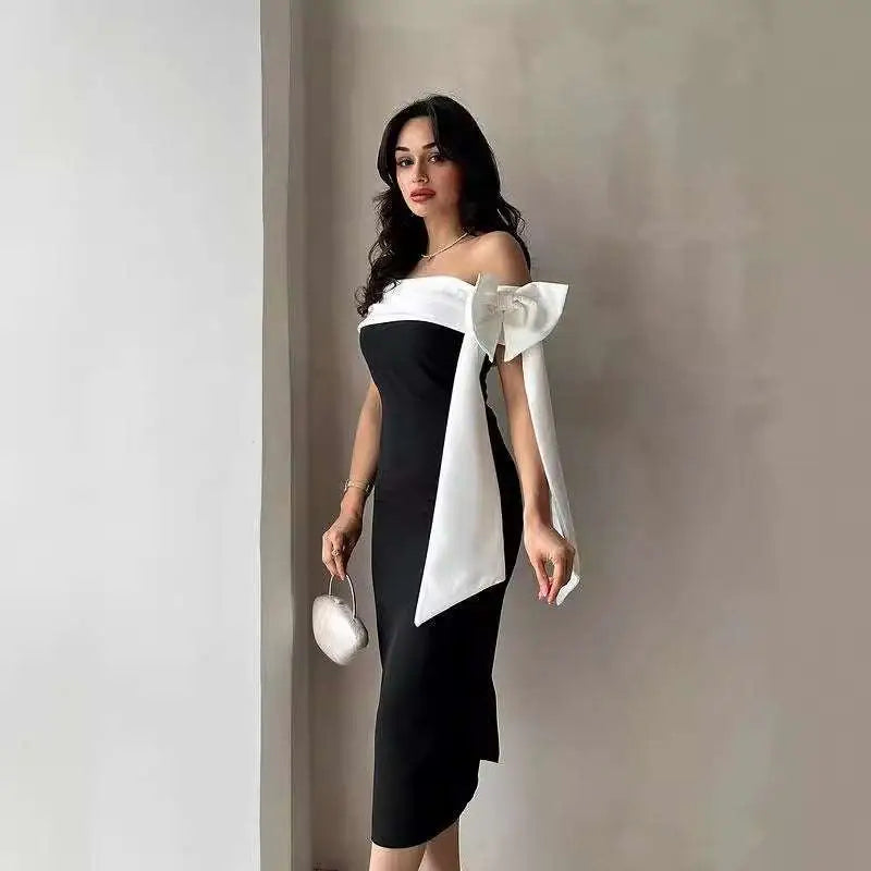 Off-shoulder Color Matching Elegant Cocktail Dress