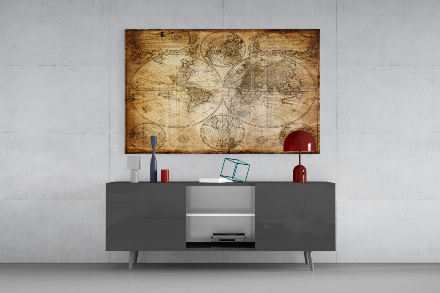 Antique Hemisphere Cartography World Map Glass Wall Art