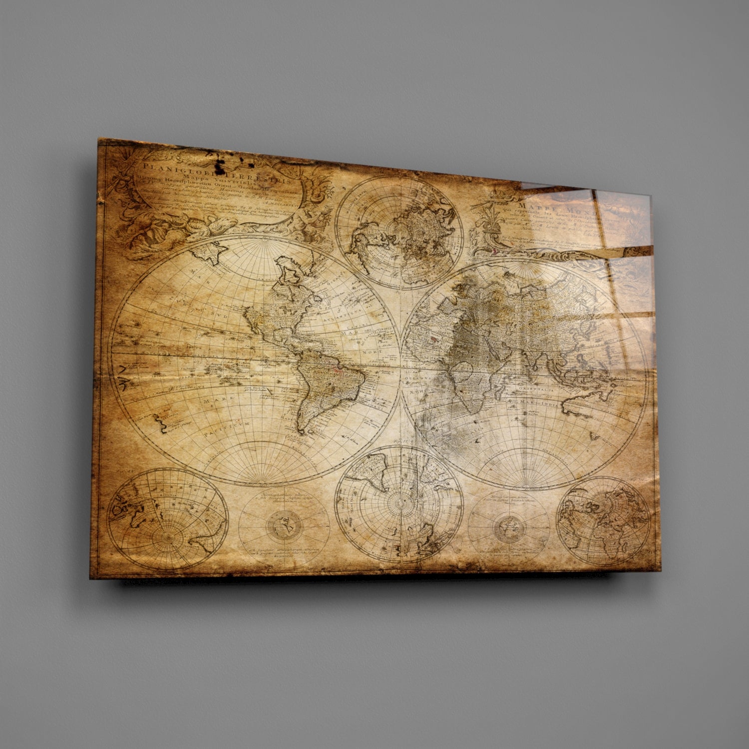 Antique Hemisphere Cartography World Map Glass Wall Art