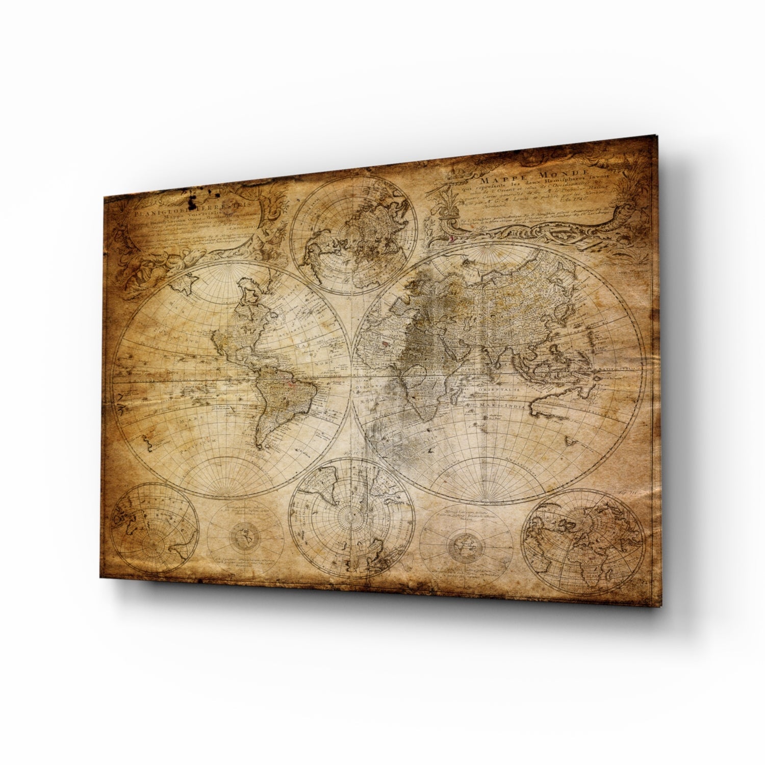 Antique Hemisphere Cartography World Map Glass Wall Art