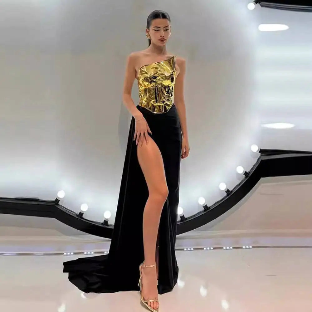 One-shoulder Slit Mop Black Dress Two-piece Set