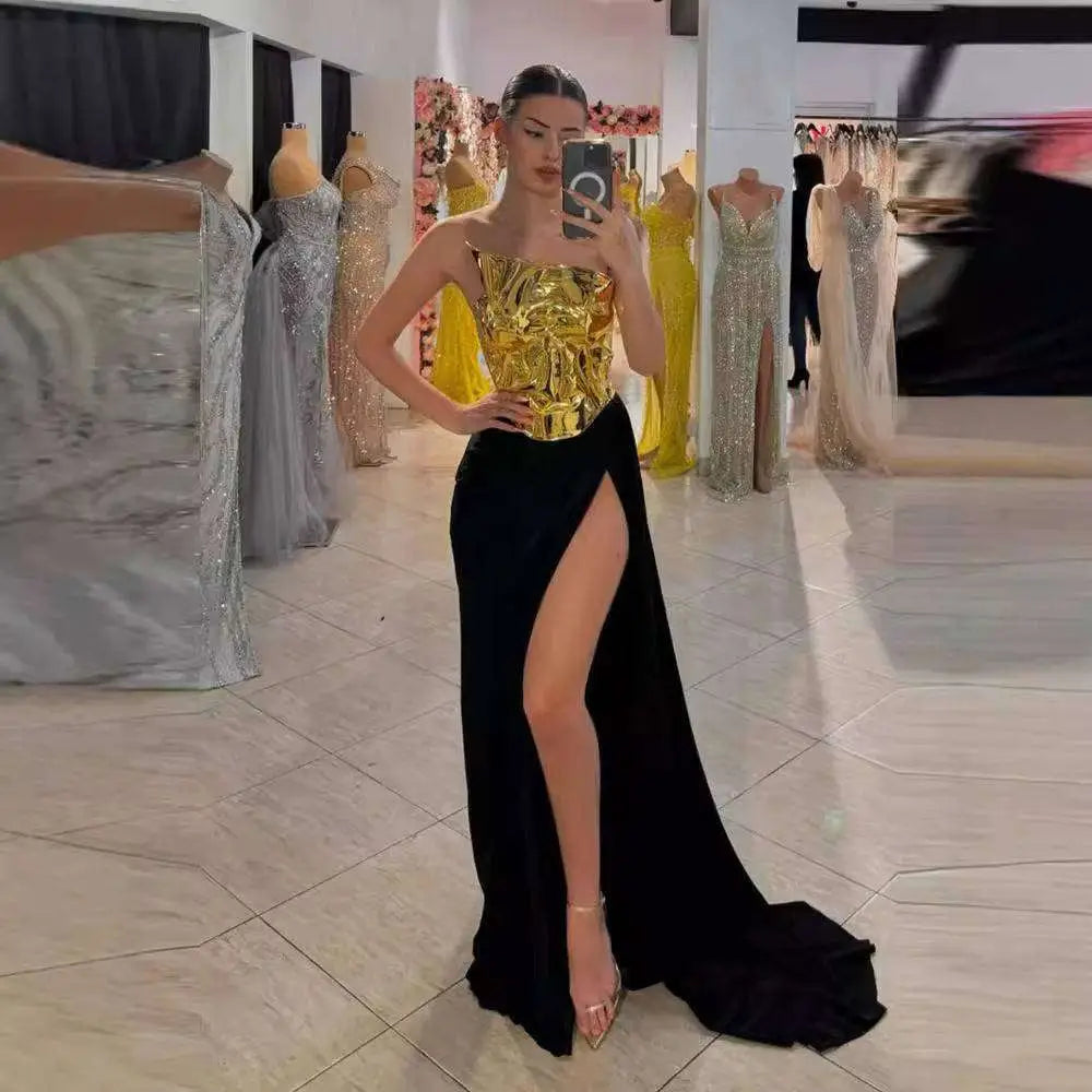 One-shoulder Slit Mop Black Dress Two-piece Set