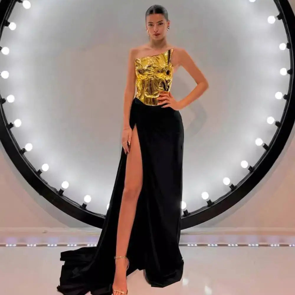 One-shoulder Slit Mop Black Dress Two-piece Set